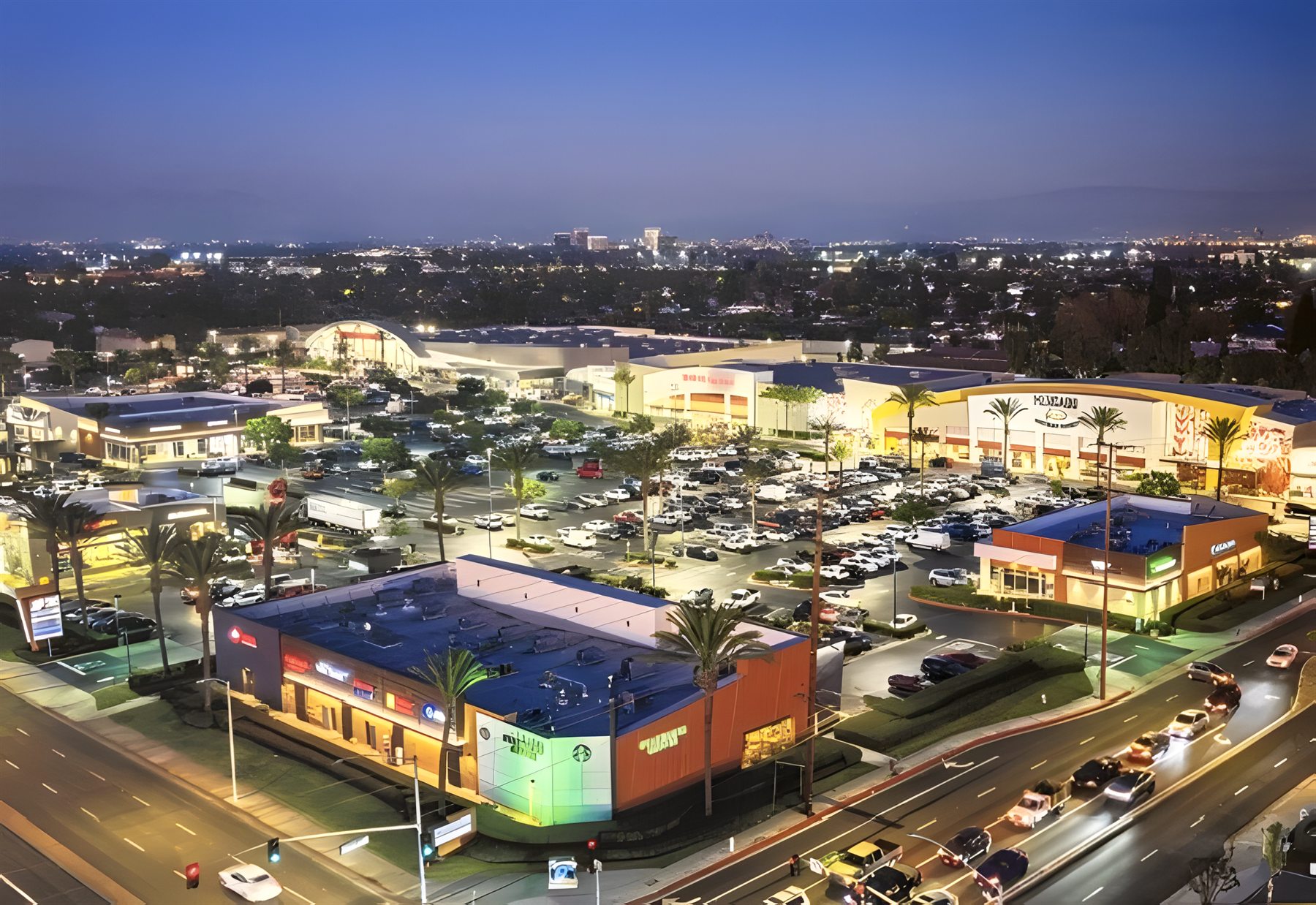 Aerial view of Harbor Center in Costa Mesa at dusk