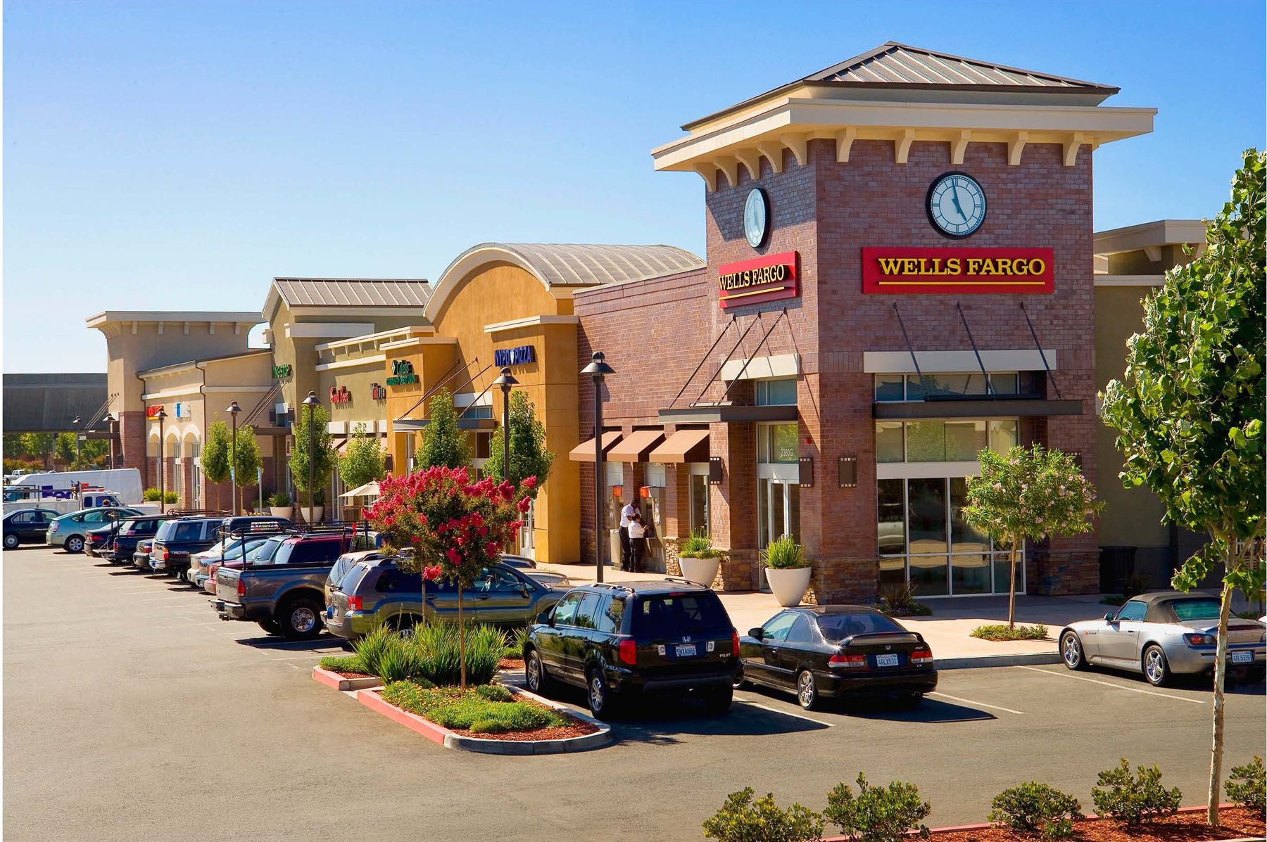 Storefronts and parking at the Pleasant Hill center in Pleasant Hill, California